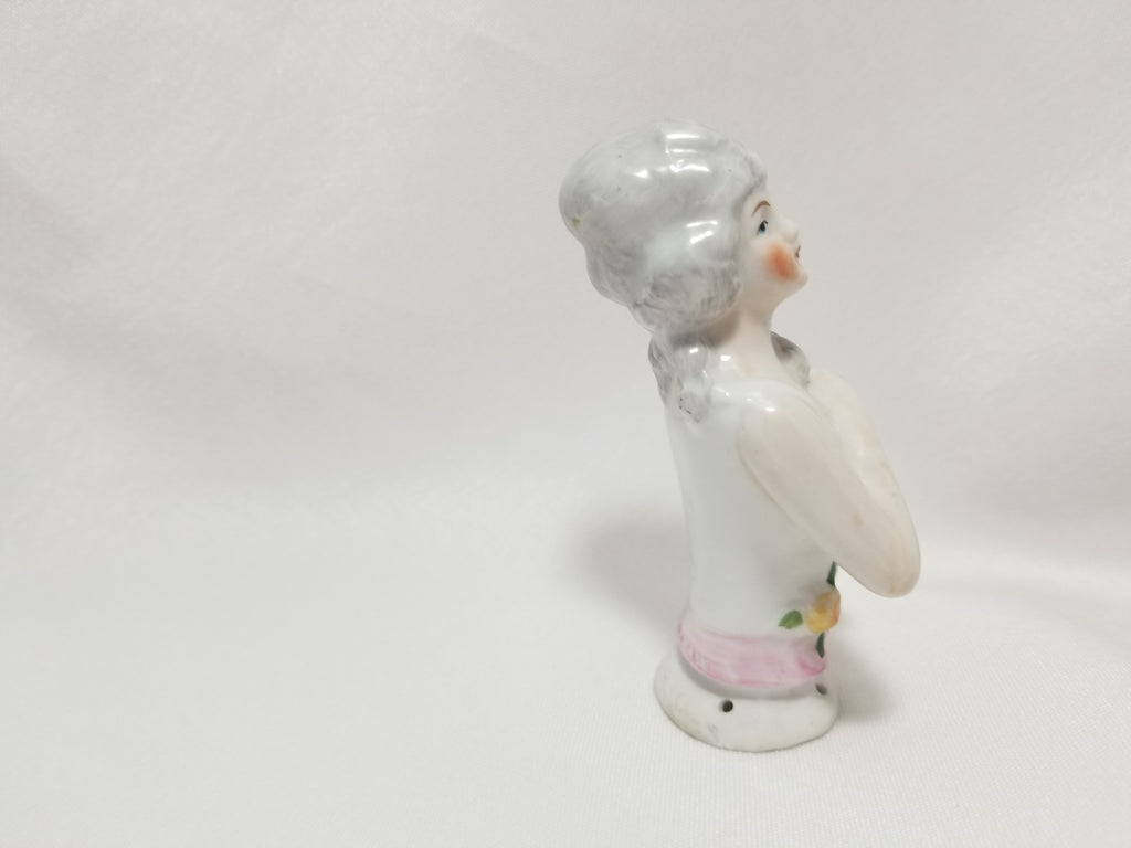 German Porcelain Numbered Half Doll Woman with Silver Madame Pompadour Hair Hand Painted Yellow Flowers