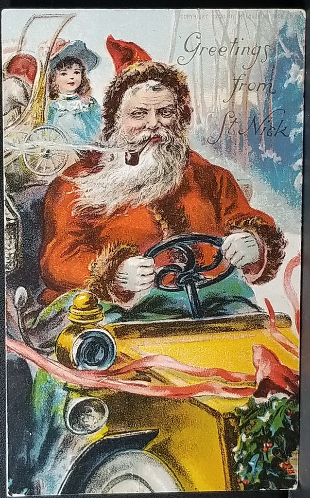 Santa Claus Christmas Postcard St Nick Driving Car Smoking Pipe Mcloughlin Bros Card