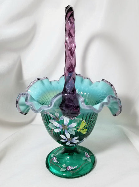 Fenton Glass New Century XXI Dragonfly Floral Signed Basket with