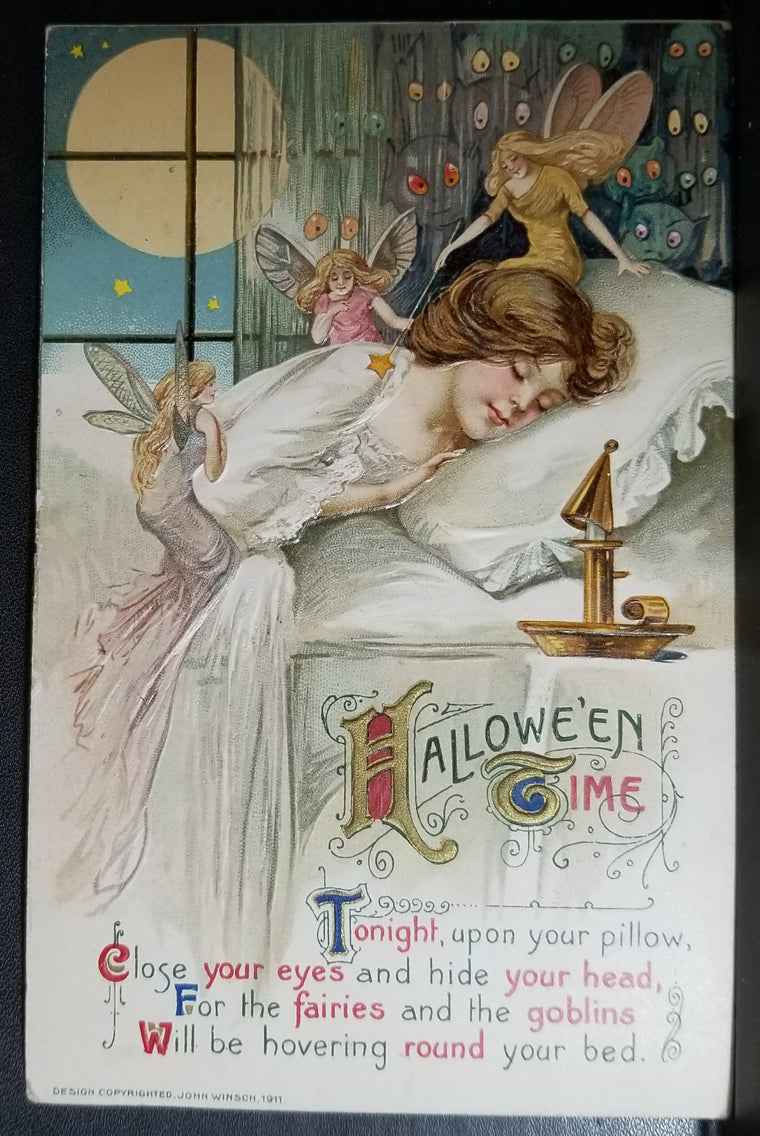 Halloween Postcard Embossed Woman Sleeping Fairies & Goblins All Around Artist Samuel Schmucker Winsch Publishing