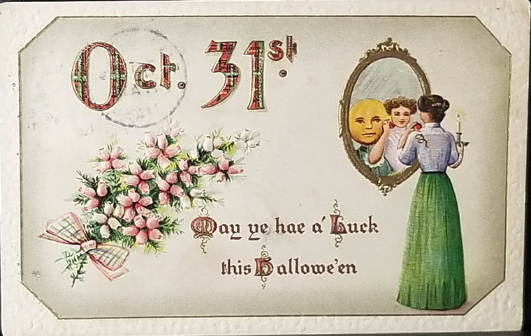 Halloween Postcard Gottschalk No 2402-1 Woman Sees Pumpkin Head Man in Mirror