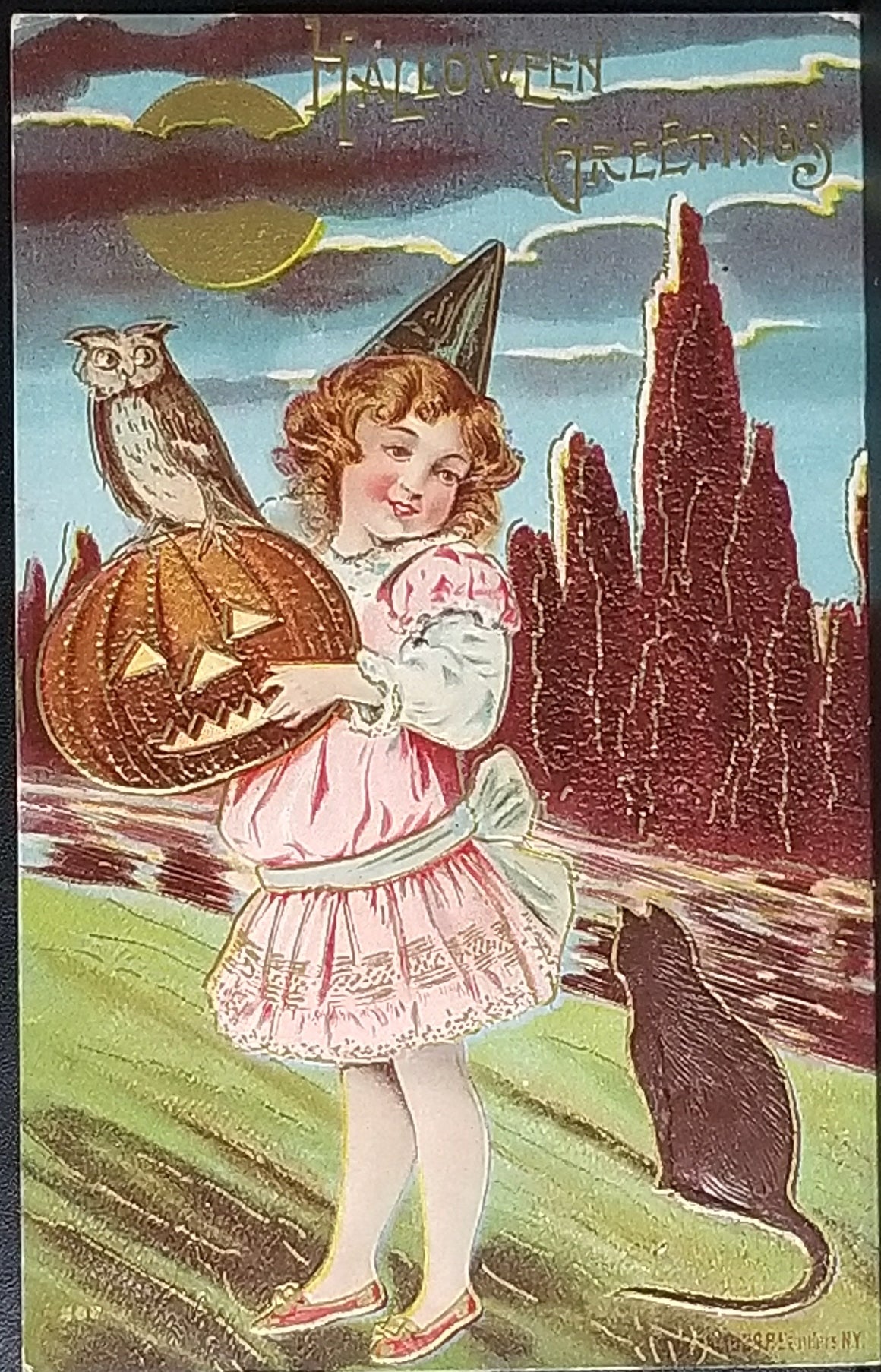Halloween Postcard Pink Dress Girl Moon Black Cat Owl JOL Pumpkin Gold Embossed Highlights Sanders 1909
