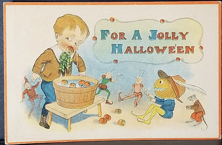 Halloween Postcard Boy Bobbing For Apples, Goblins, Fairies JOL Man Cheering Him