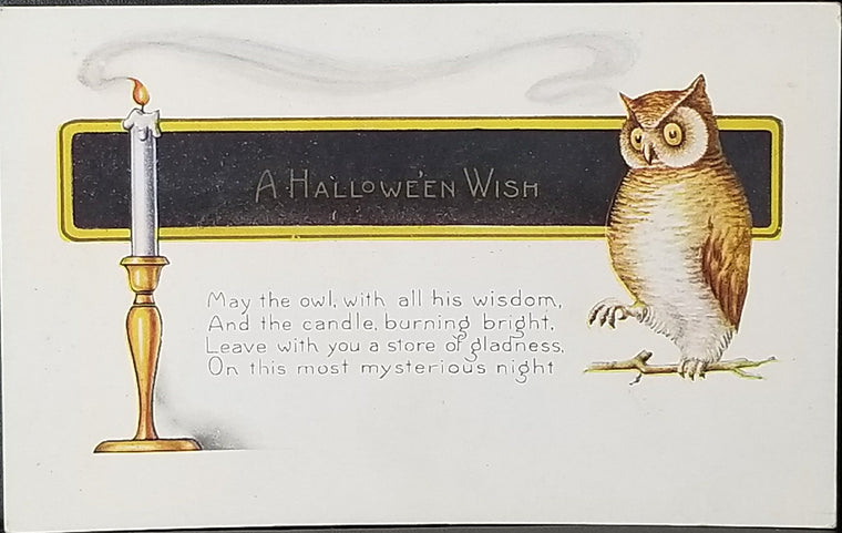 Halloween Postcard Whitney Made Owl Burning Candle Wish Mysterious Night