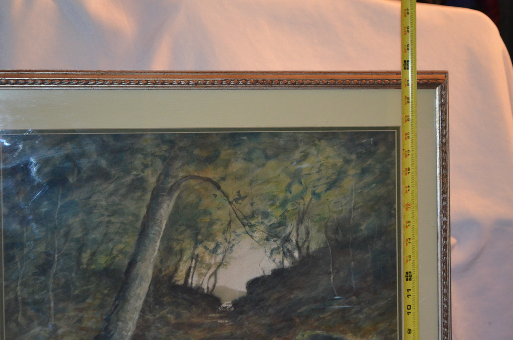 Large Framed Vintage Watercolor Artist Signed Interior Wooded Creek Landscape