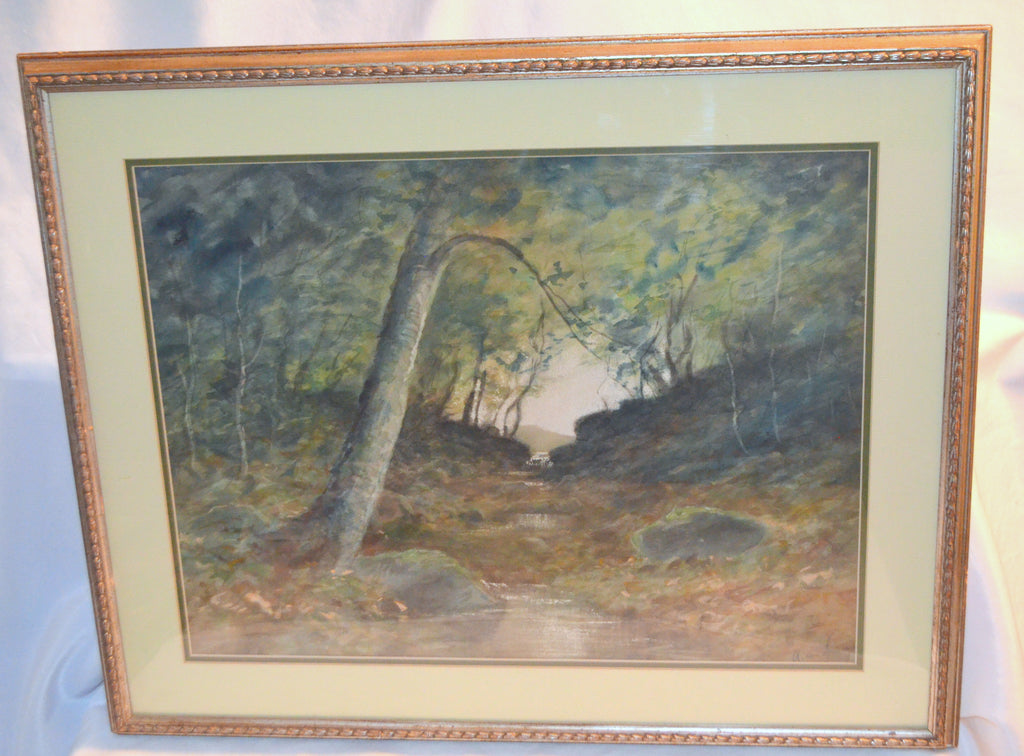Large Framed Vintage Watercolor Artist Signed Interior Wooded Creek Landscape