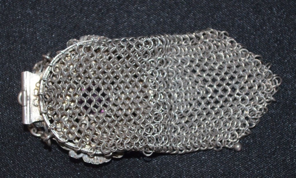 Rare Miniature Antique Armor Mesh Rosary Purse Cherub Carved Top Amethyst Glass Jeweled Top