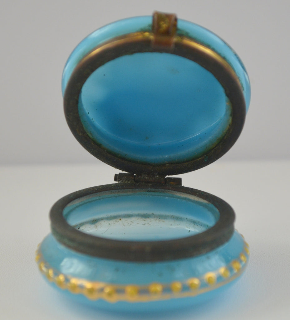 Bohemian Art Glass Pill Box Blue Opalescent Hand Painted Enamel Decorated Cherub Angel