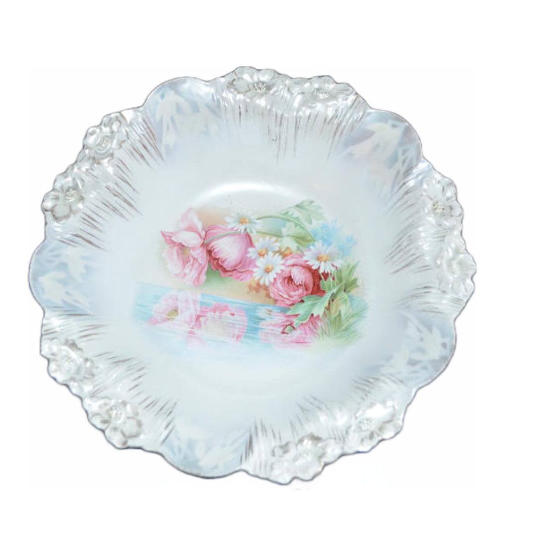 RS Prussia Porcelain Bowl Pearl Luster Reflecting Poppies & Daisies Mold 7 Icicle Mold FD 36