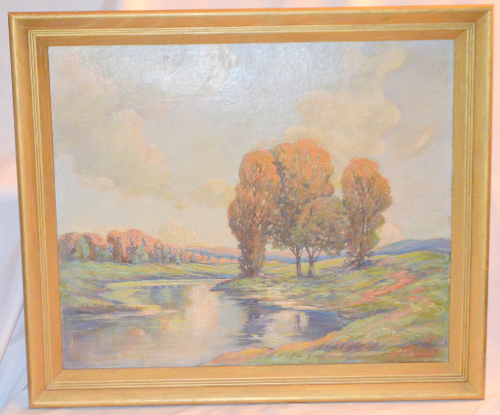 Mid Century Impressionist Oil on Board Titled River Landscape Artist Signed Jacques
