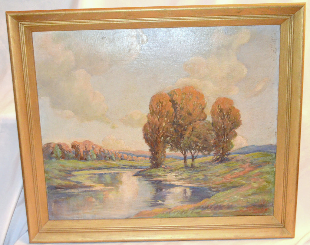 Mid Century Impressionist Oil on Board Titled River Landscape Artist Signed Jacques