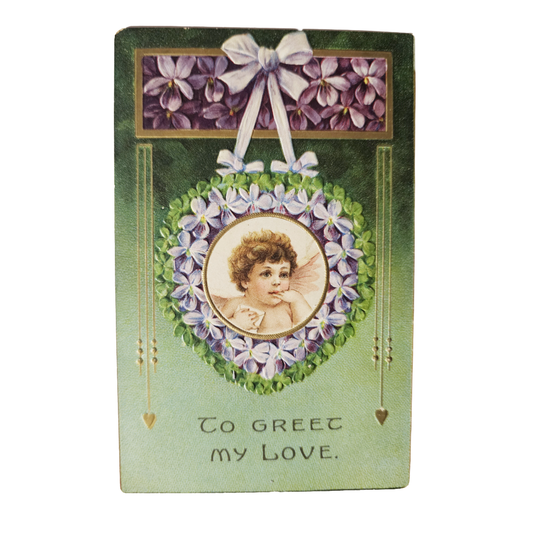 Vintage Valentine Postcard Cherub In Green/Purple Heart To Greet With Love