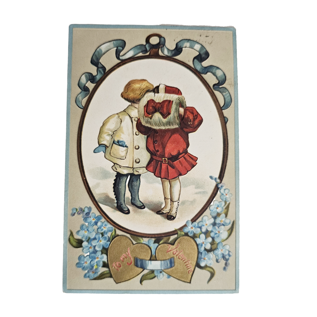 Vintage Valentine Postcard Couple In Winter Attire Kissing /Blue Ribbons