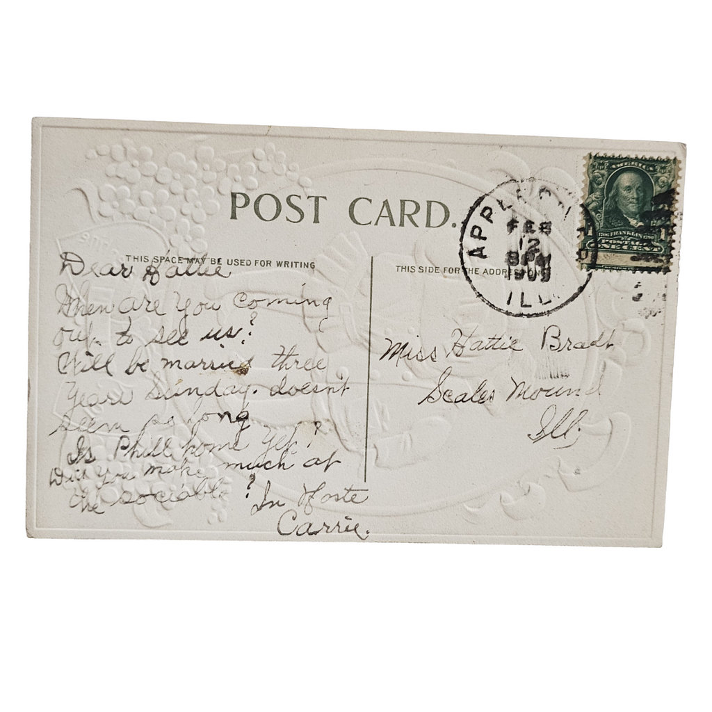 Vintage Valentine Postcard Couple In Winter Attire Kissing /Blue Ribbons