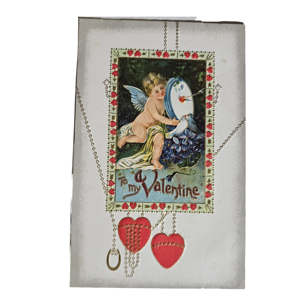 Vintage Valentine Postcard Cupid Holding Up Bottle Cap Struck By Arrow w/Heart Chains