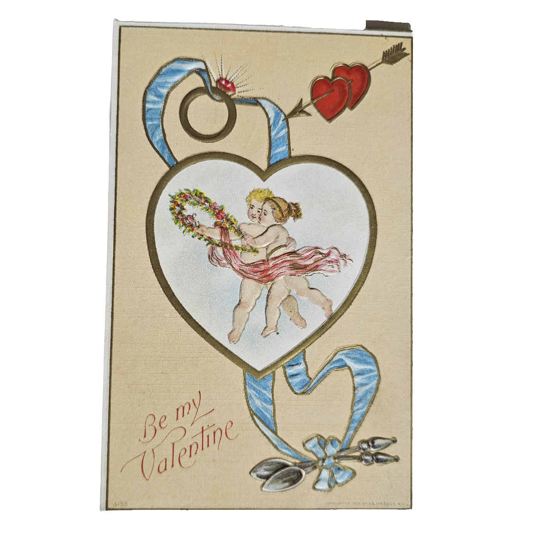 Vintage Valentine Postcard Cupid Couple Holding Flower Wreath w/Ring in Heart Border