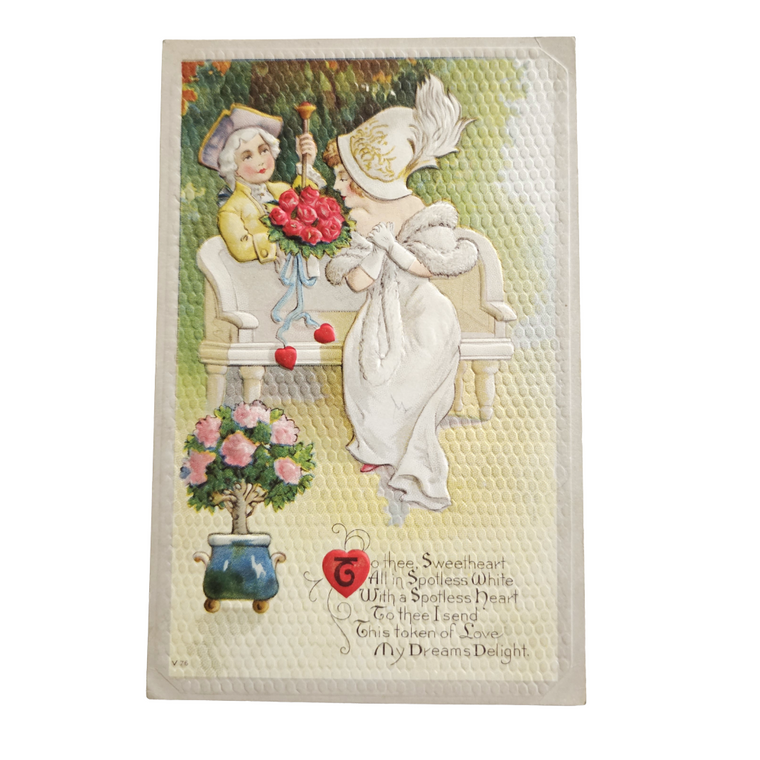 Vintage Valentine Postcard Man Gifting Woman Bouquet of Roses Silver Border