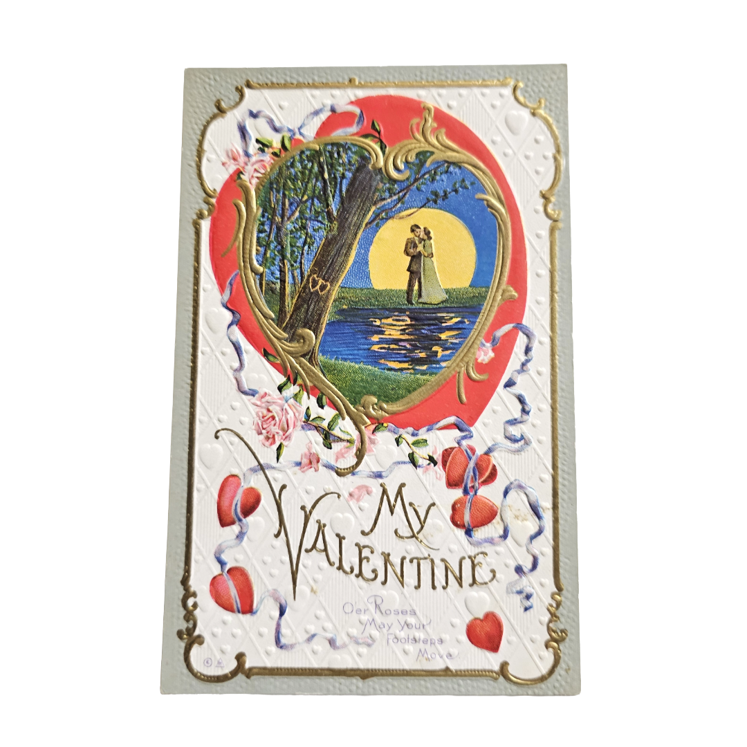 Vintage Valentine Postcard Couple Dancing Under Moonlight Heart Border w/Flowers