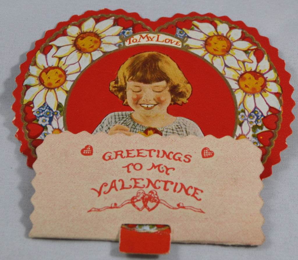 Vintage Die Cut Valentine Card Girl with Daisies