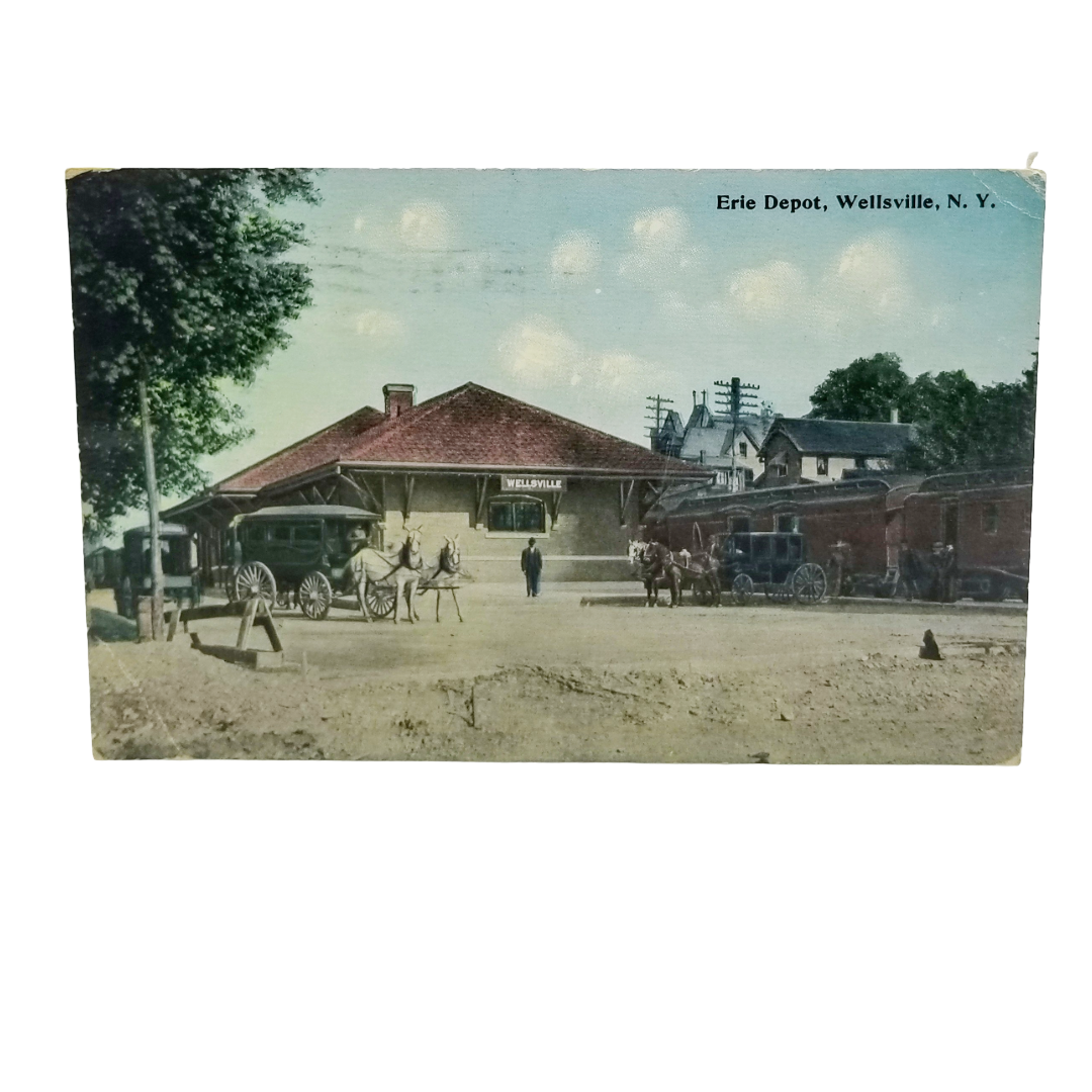 Vintage 1910s Erie Depot Postcard | Wellsville, NY Railroad Train Station