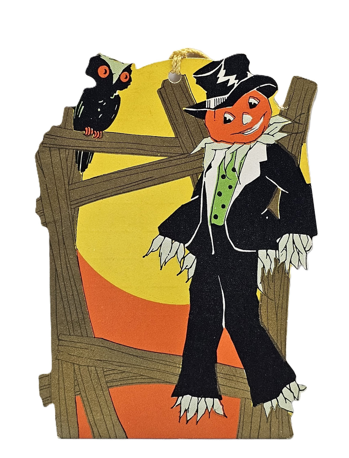 Halloween-themed decoration with a jack-o'-lantern in a suit and top hat, black cat, and wooden fence.