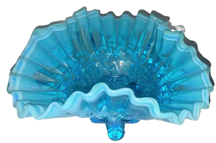 Sowerby PIASA BIRD Blue Opalescent Footed Whimsy Bowl w/ Ruffled Rim