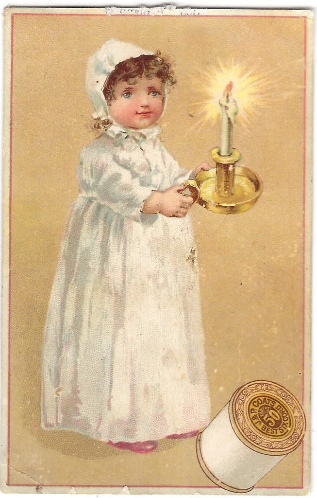 J P Coats Thread Advertising Trade Card Little Girl in Nightgown Holding Candlestick