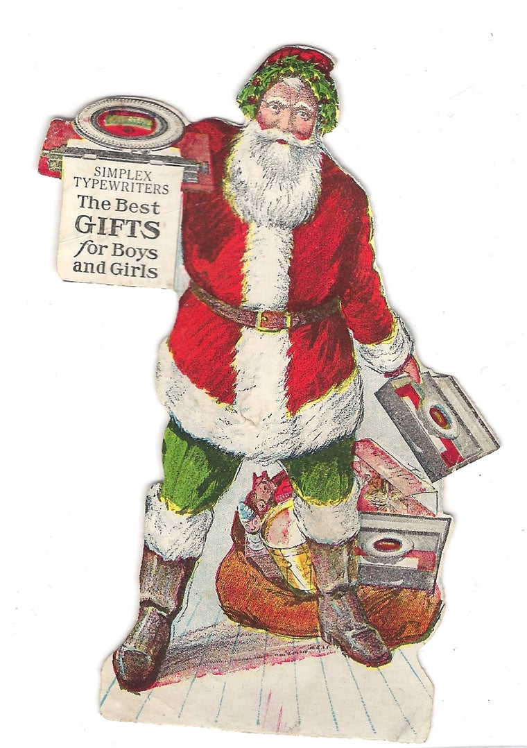 Christmas Themed Advertising Trade Card Santa Claus Die Cut for Simplex Typewriters 1910s