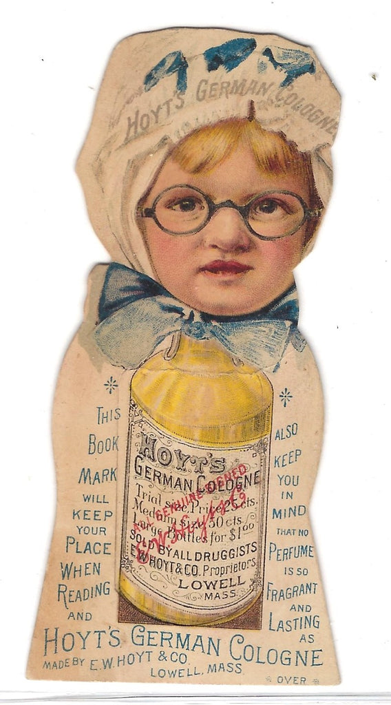 Hoyt's Cologne Advertising Trade Card Child in Bonnet and Glasses 1880s Bookmark