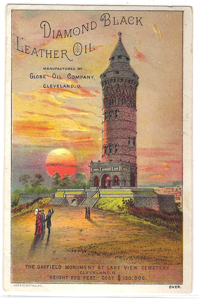 Globe Oil Co Diamond Black Leather Oil Sunset Brick Tower Advertising Trade Card