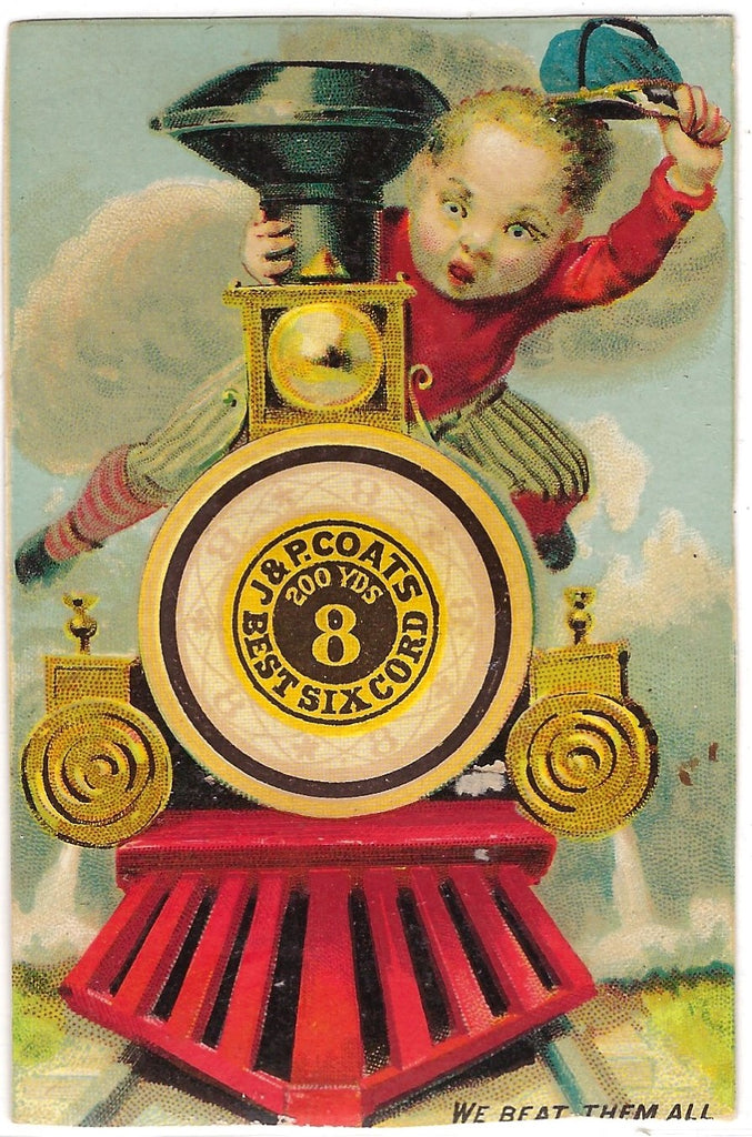 Advertising Trade Card J&P Coats Spool Cotton Trade Card Boy Riding Train