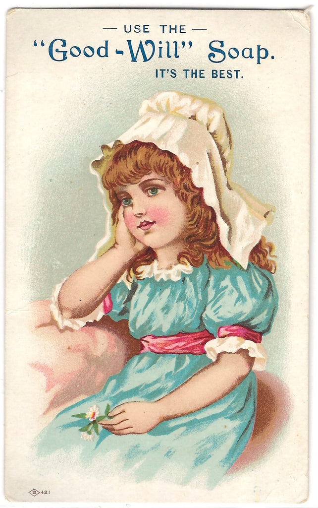 Good Will Soap Advertising Trade Card Little Girl in Blue Dress 1880s