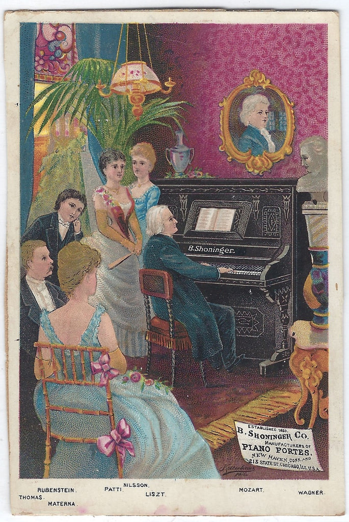 Advertising Trade Card Shoninger Piano Fortes Victorian Parlor Scene with Famous Composers 1880s