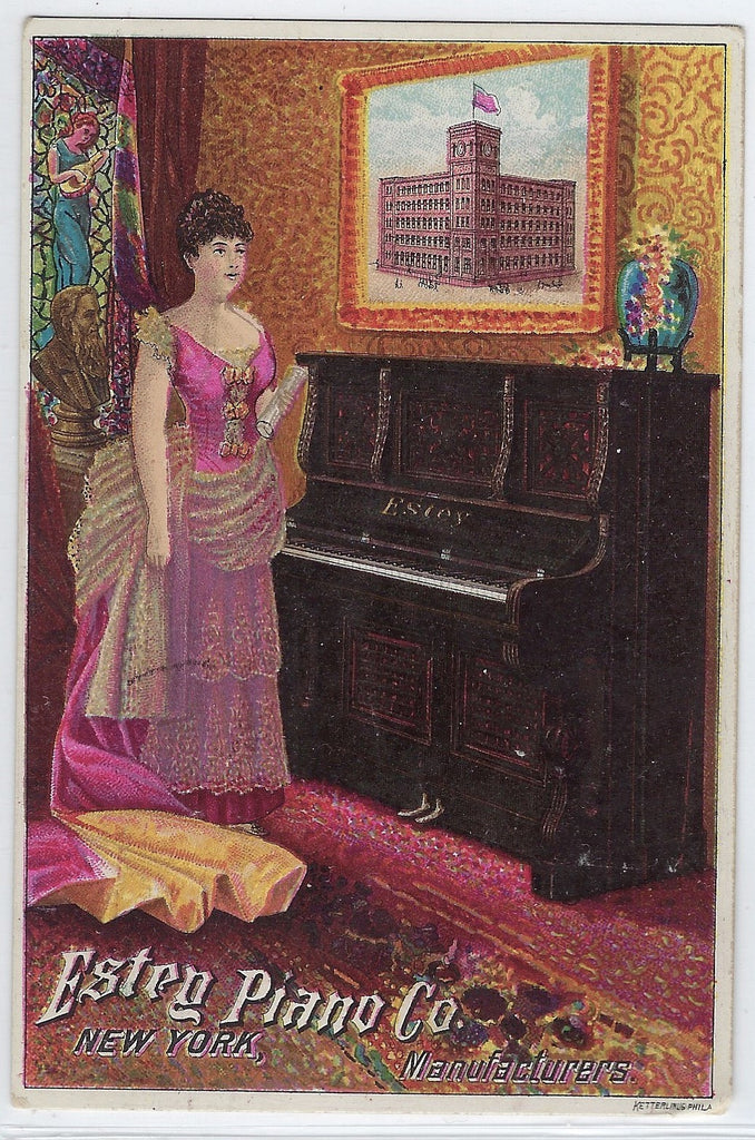 Advertising Trade Card Estey Piano Co NYC Co 1880s Victorian Woman in Parlor