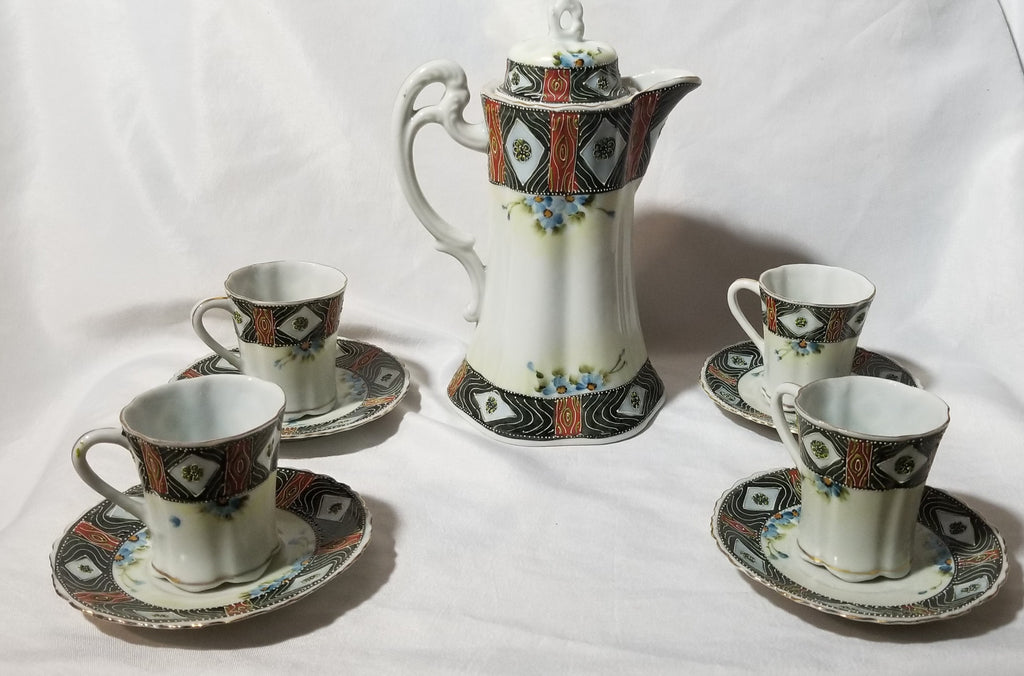 Antique 10 Piece Moriage Hand Painted Porcelain Chocolate Pot Set