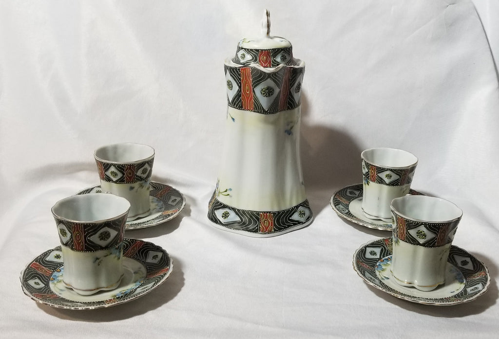 Antique 10 Piece Moriage Hand Painted Porcelain Chocolate Pot Set