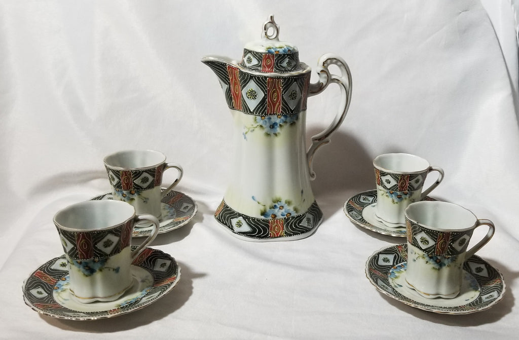 Antique 10 Piece Moriage Hand Painted Porcelain Chocolate Pot Set