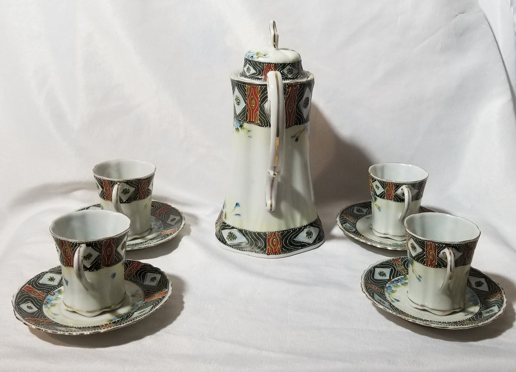 Antique 10 Piece Moriage Hand Painted Porcelain Chocolate Pot Set