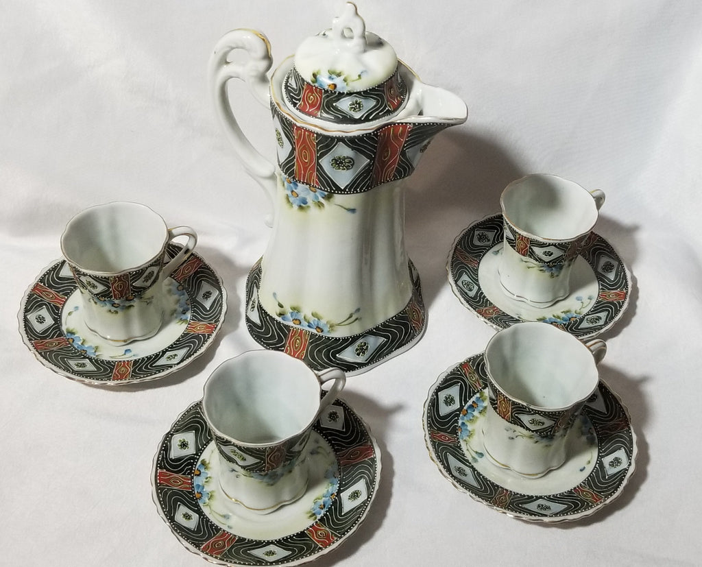 Antique 10 Piece Moriage Hand Painted Porcelain Chocolate Pot Set