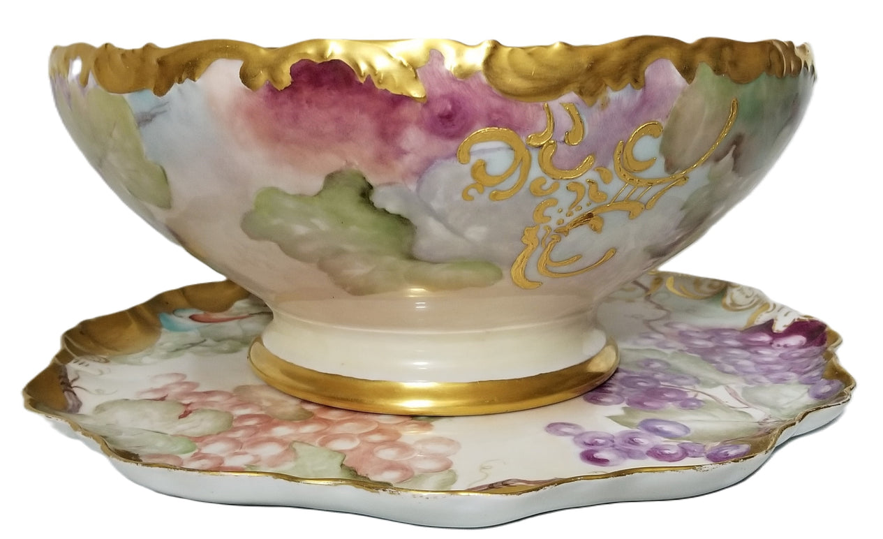 Limoges Porcelain Hand Painted Grapes Punch Bowl with Matching Underplate Art Nouveau Period