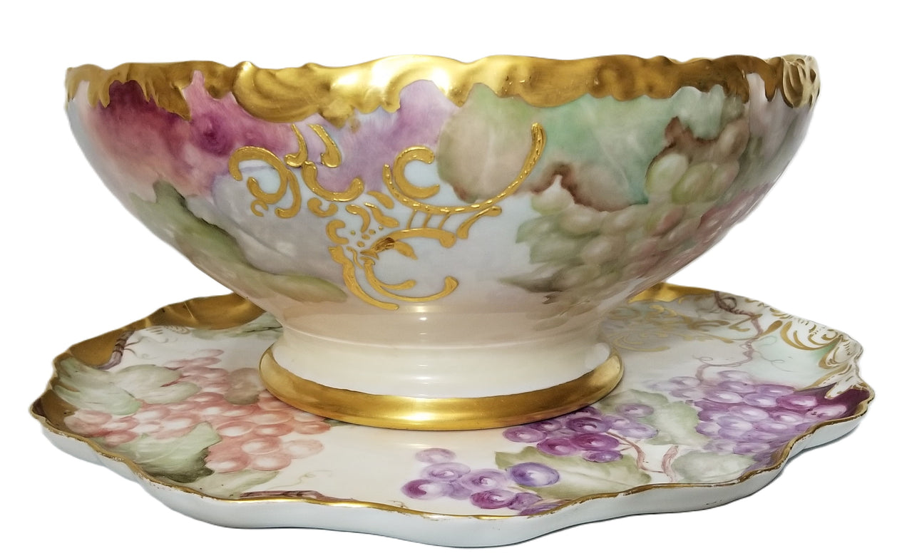 Limoges Porcelain Hand Painted Grapes Punch Bowl with Matching Underplate Art Nouveau Period