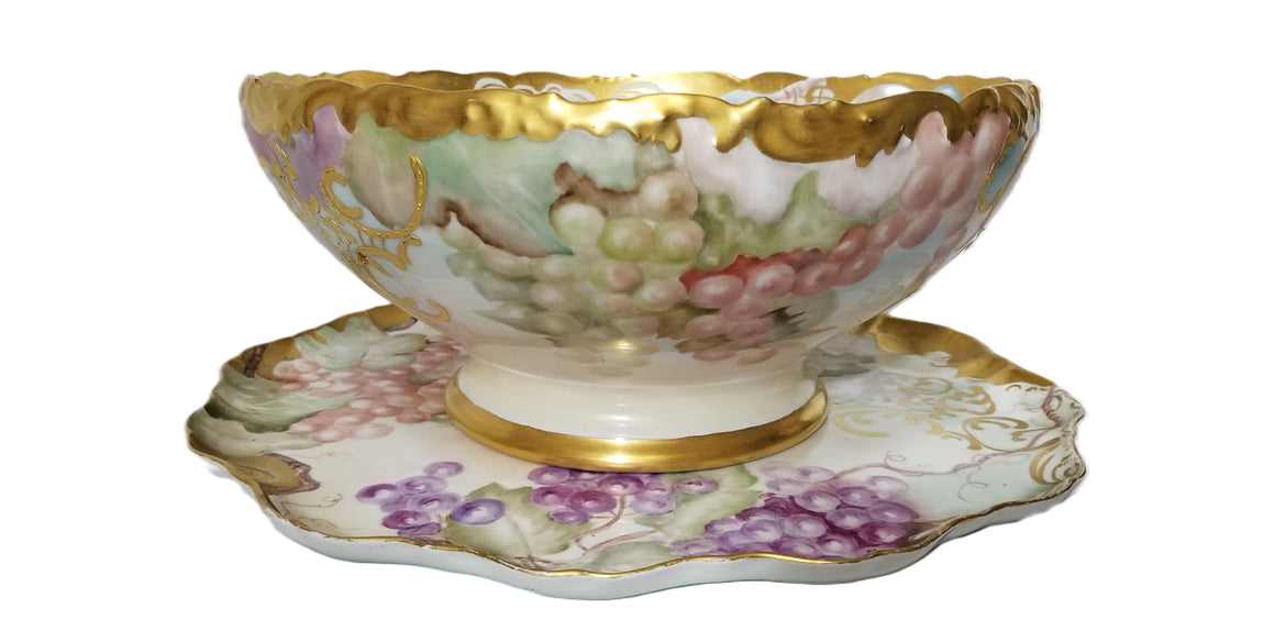 Large T&V Limoges Porcelain Hand Painted Grapes Punch Bowl with Matching Underplate