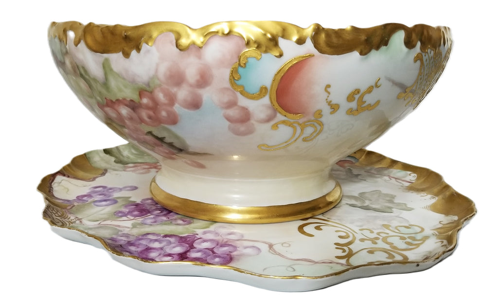 Limoges Porcelain Hand Painted Grapes Punch Bowl with Matching Underplate Art Nouveau Period