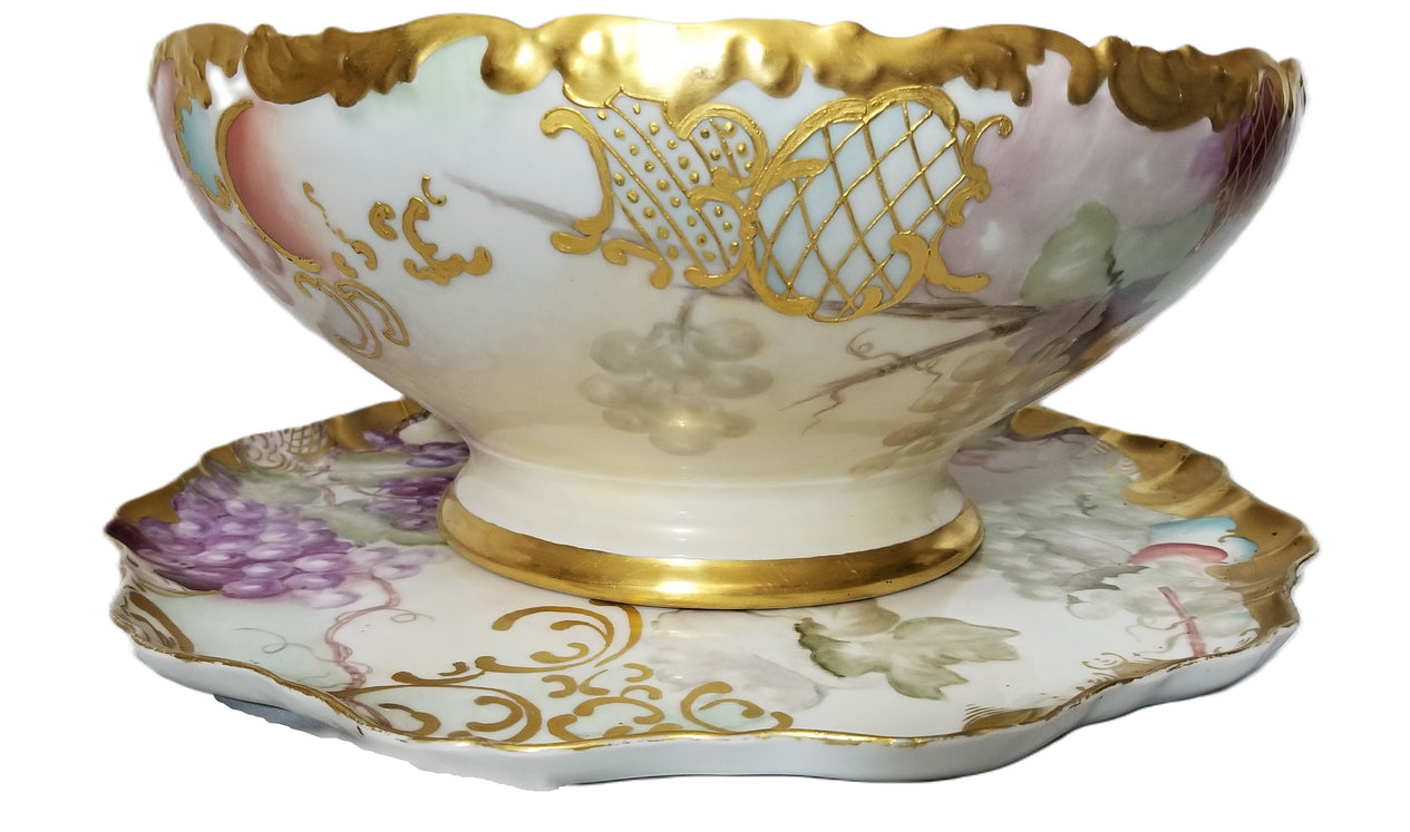 Limoges Porcelain Hand Painted Grapes Punch Bowl with Matching Underplate Art Nouveau Period