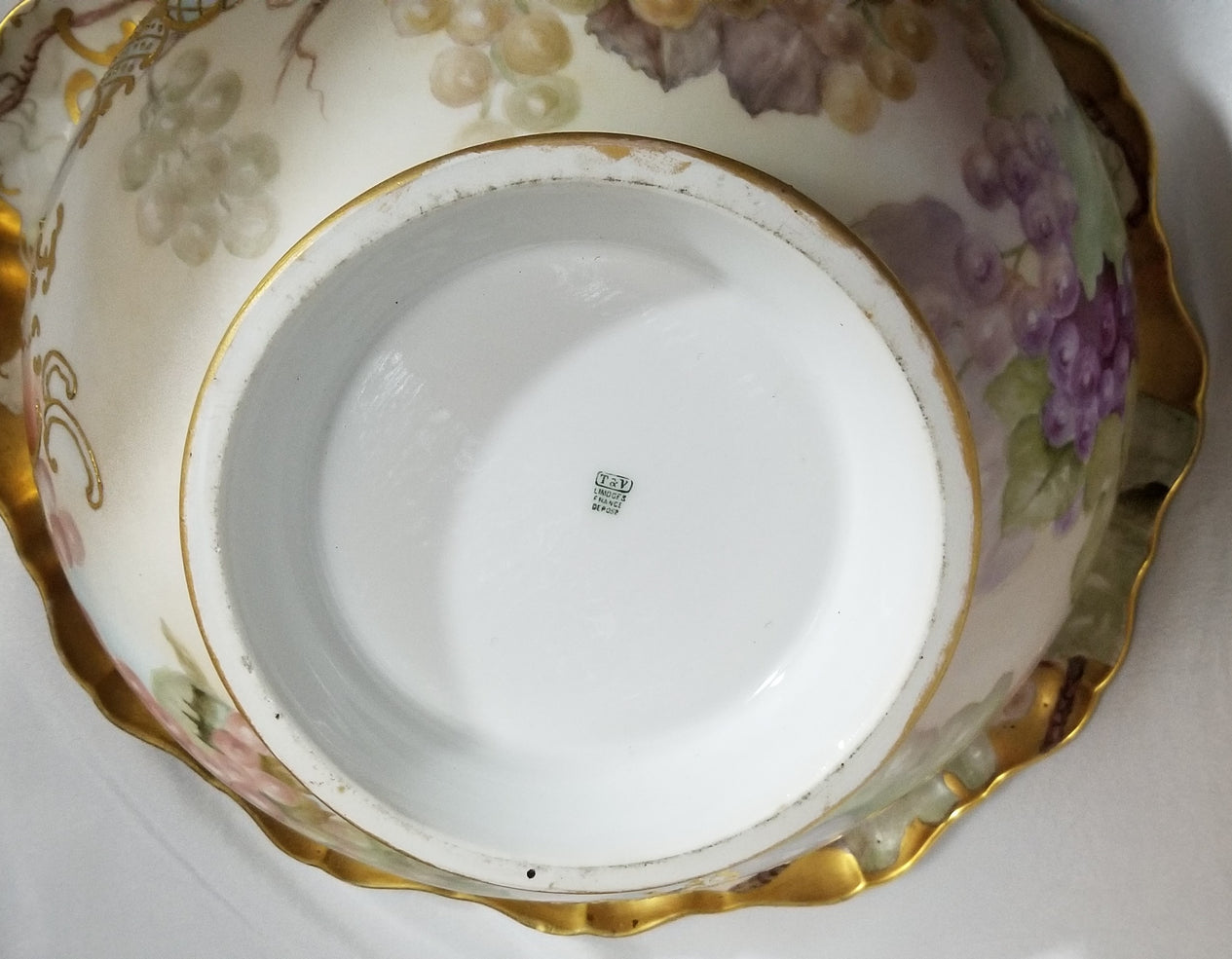 Limoges Porcelain Hand Painted Grapes Punch Bowl with Matching Underplate Art Nouveau Period