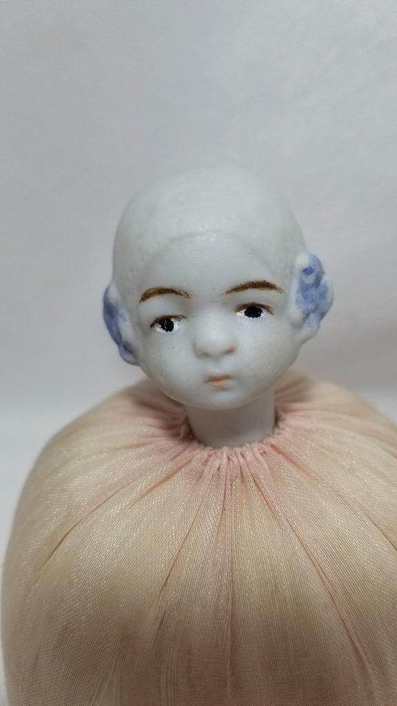 Vintage Bisque Porcelain Half Doll/Head Doll Hand Painted Child with Molded Bonnet Blue at Ears