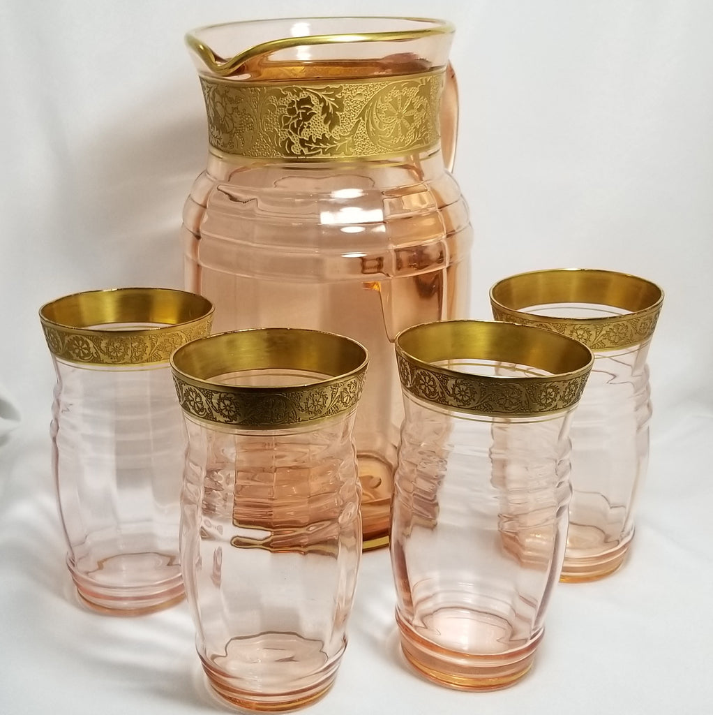 Tiffin Elegant Glass Drink Set Pink Pitcher Tumblers w/ Rare Gold Encrusted Bands