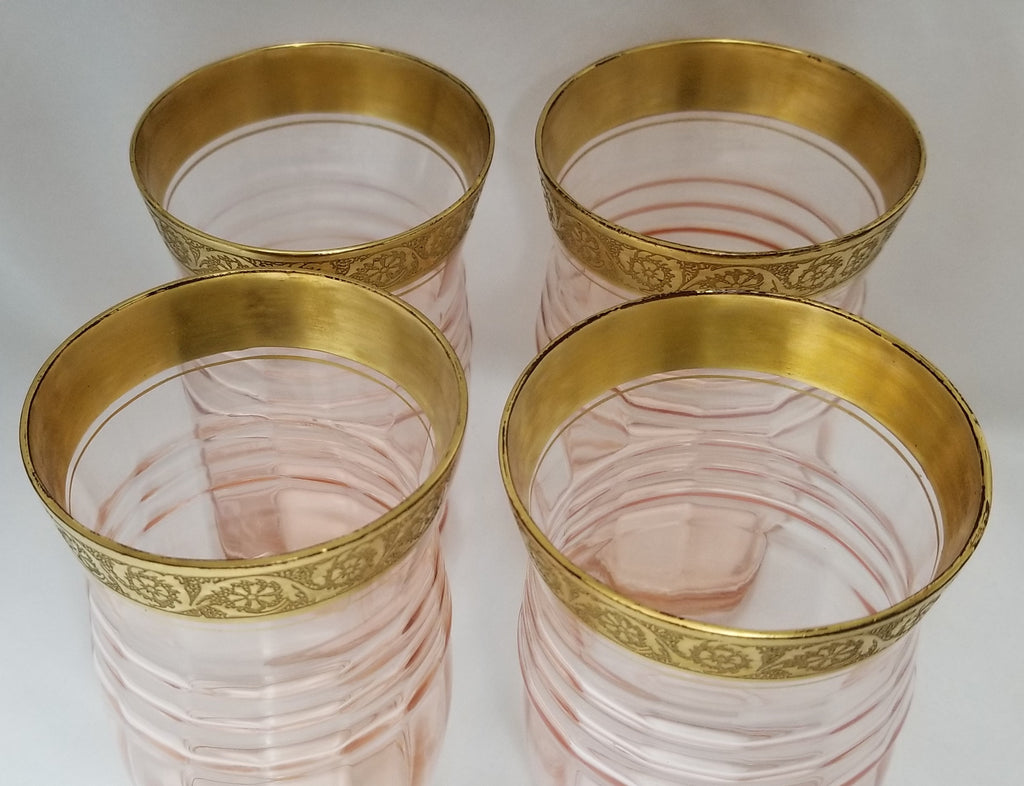 Tiffin Elegant Glass Drink Set Pink Pitcher Tumblers w/ Rare Gold Encrusted Bands