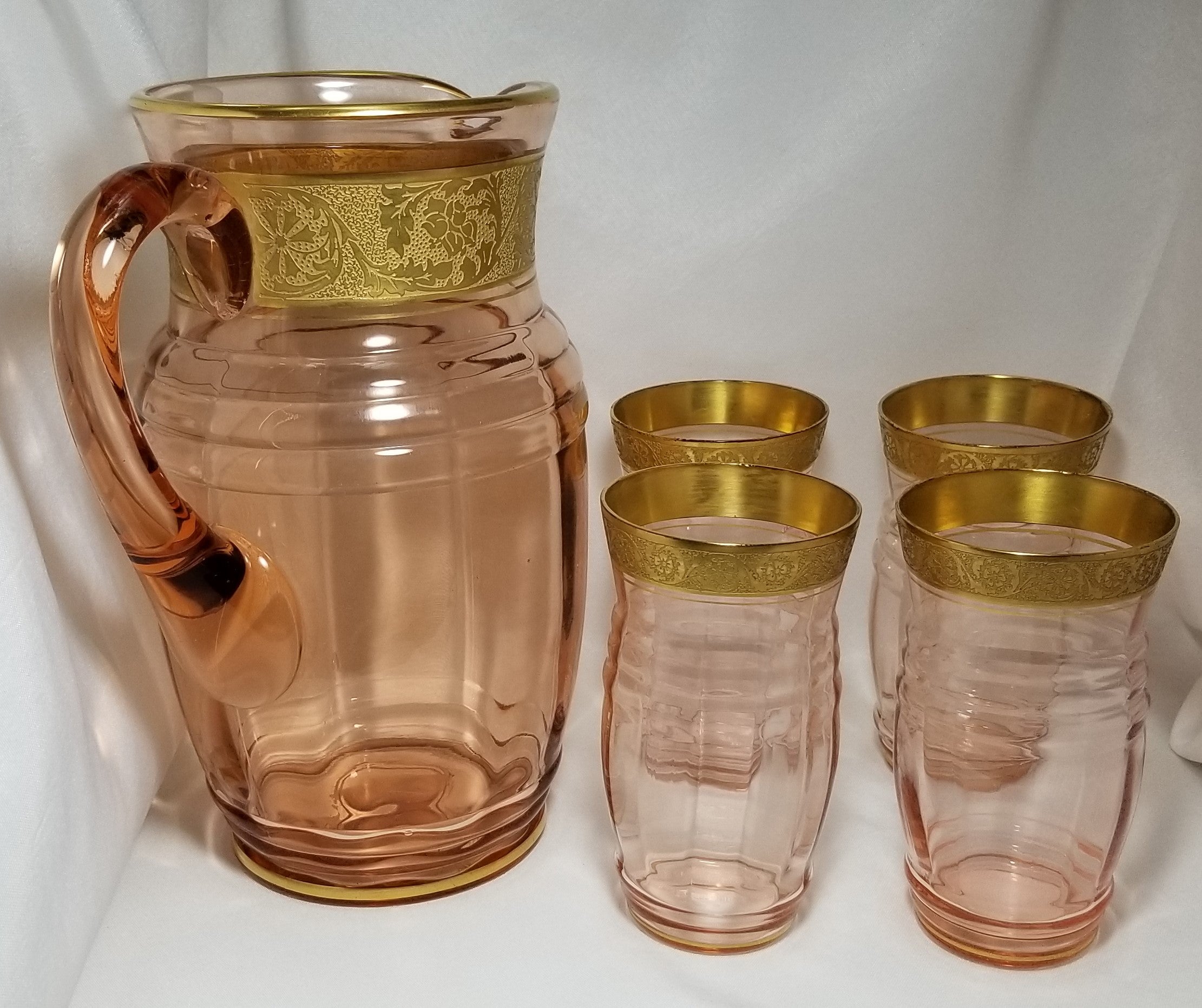 Tiffin Elegant Glass Drink Set Pink Pitcher Tumblers w/ Rare Gold
