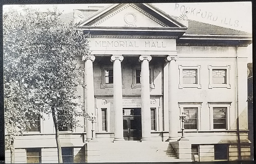 RPPC Real Photo Postcard Memorial Hall Rockford Illinois Veterans Building 1910